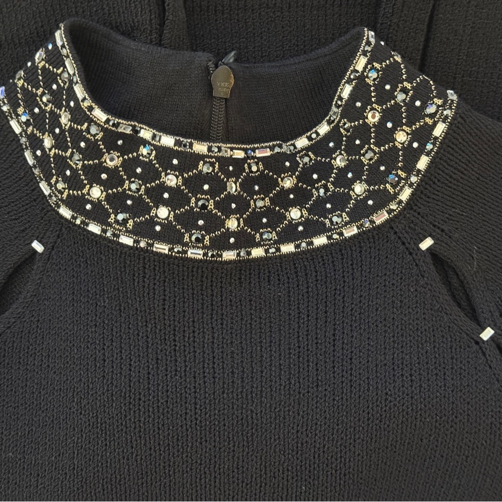 St. John Evening Black Knit Dress with Jewel Embellished Neckline & Cuffs - Picture 5 of 12